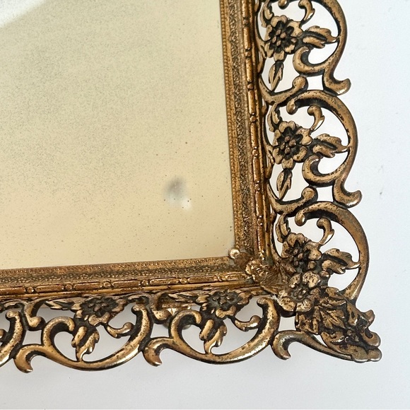 Vintage Gold Ornate Filigree Vanity Mirror Tray with Floral Border - Picture 5 of 15
